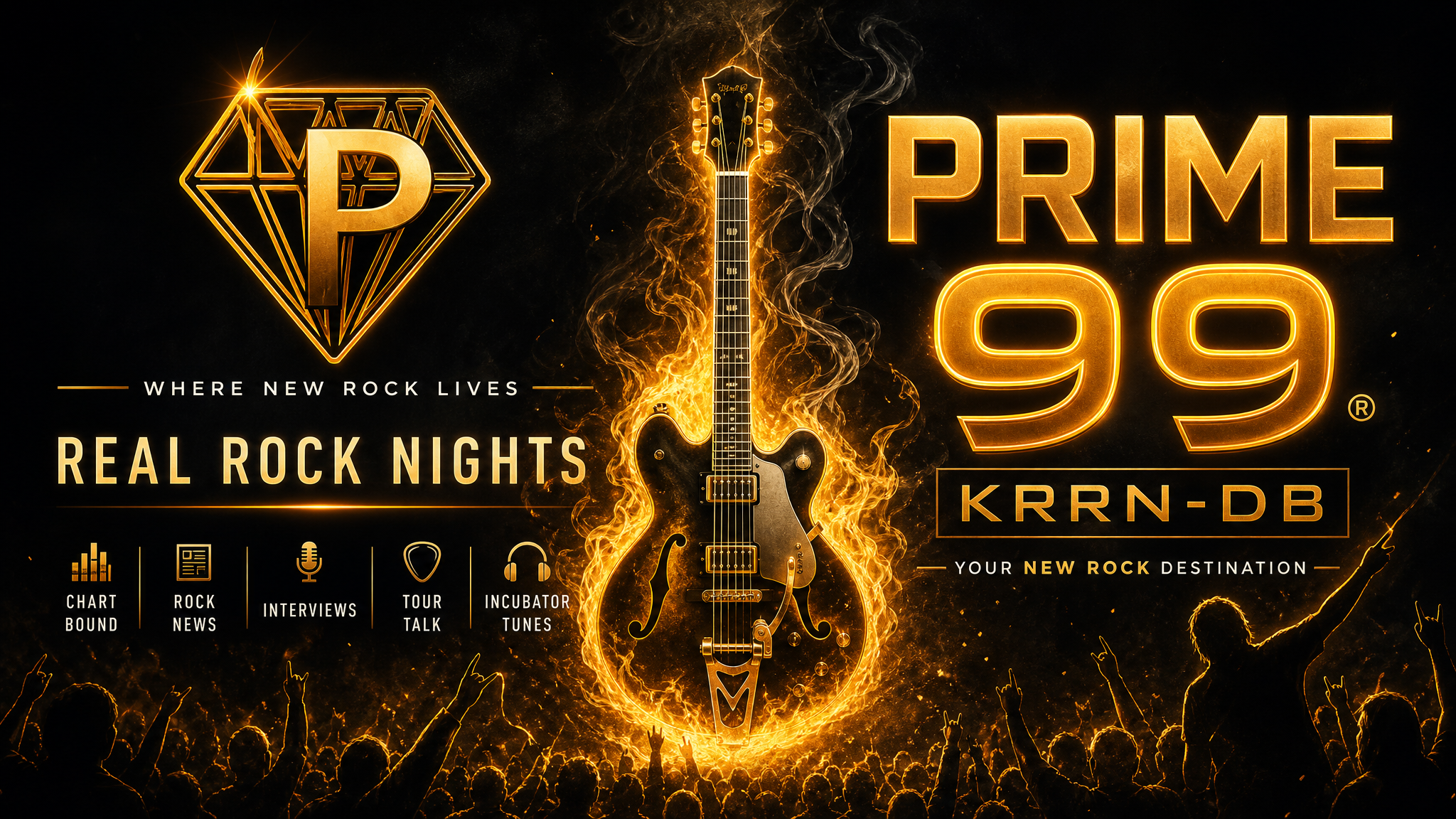 Prime 99 KRRN-DB flaming guitar with Where New Rock Lives branding